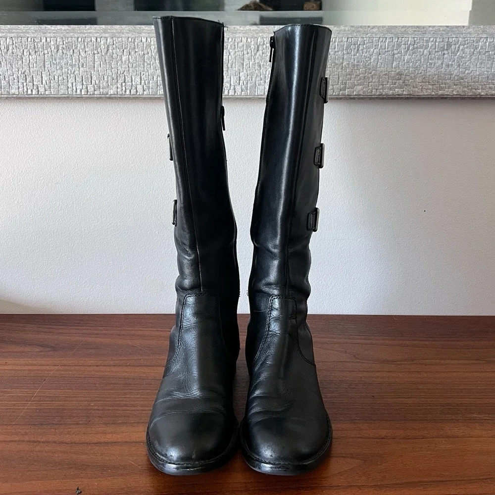 ECCO Women's Black Leather Knee High Riding Boots Triple Buckle Side Zip Size 38